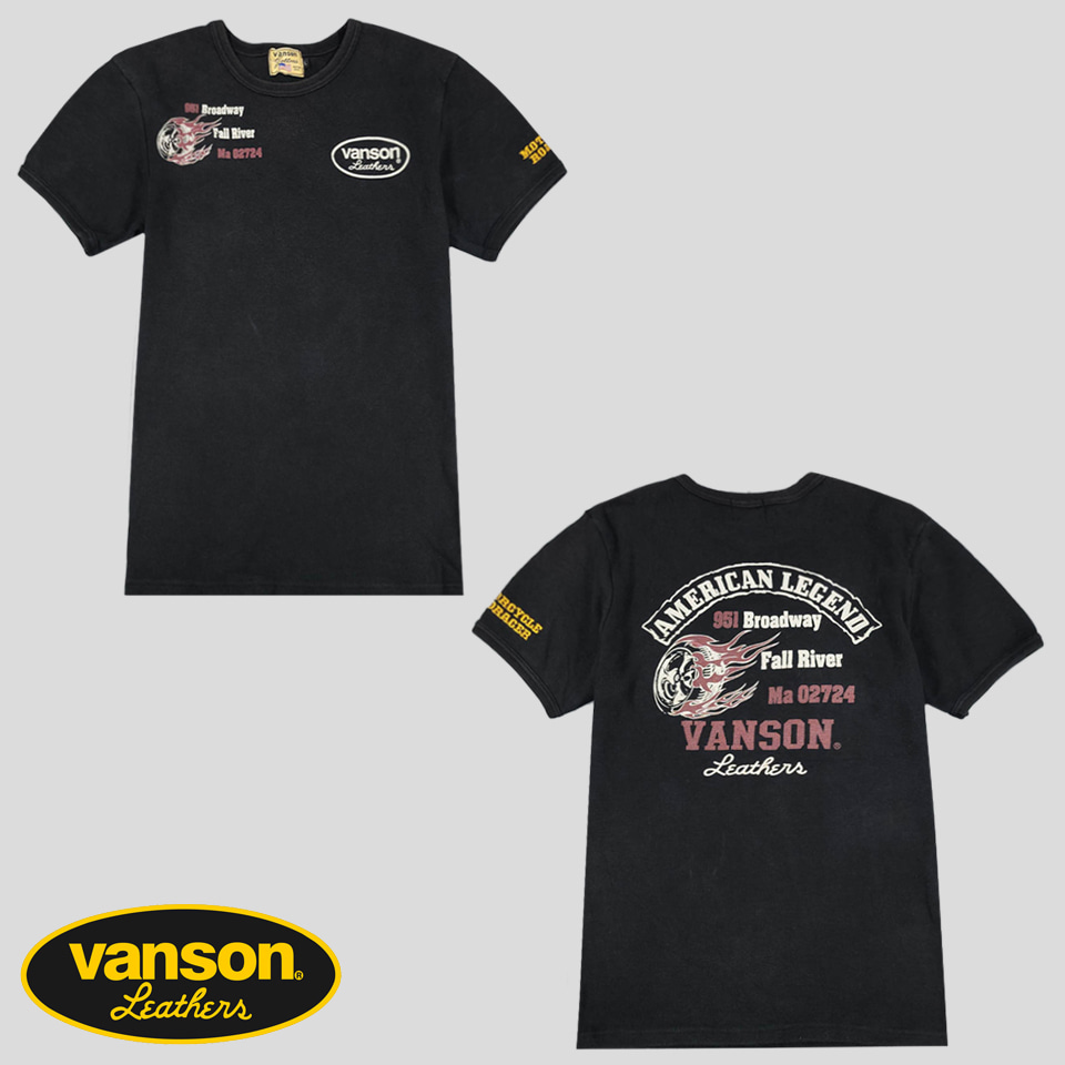 VANSON 밴슨 피그먼트 블랙 아메리칸 레전드 로고 프린팅 모터사이클 와플 Y2K 펑크 락시크 코튼100 반팔 티셔츠 M