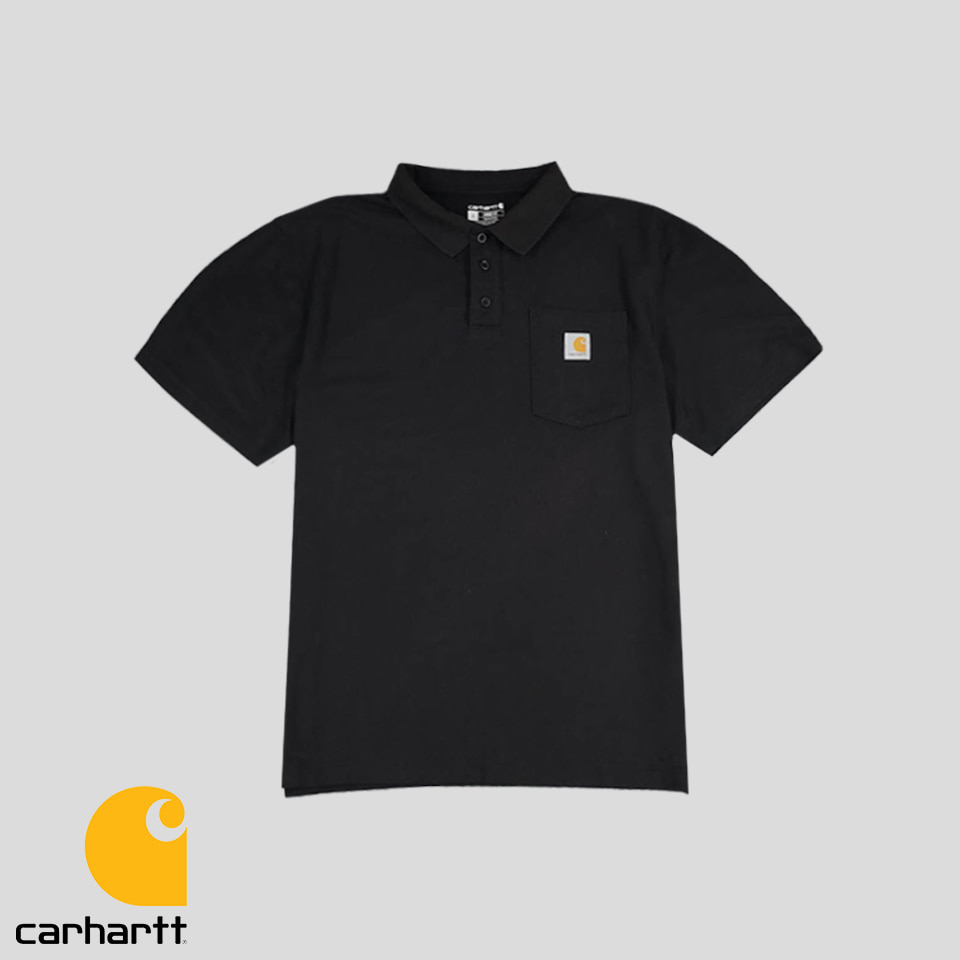 칼하트 피그먼트 블랙 포켓 로고패치 코튼 혼방 루즈핏 PK 피케 카라넥 반팔 티셔츠 XL