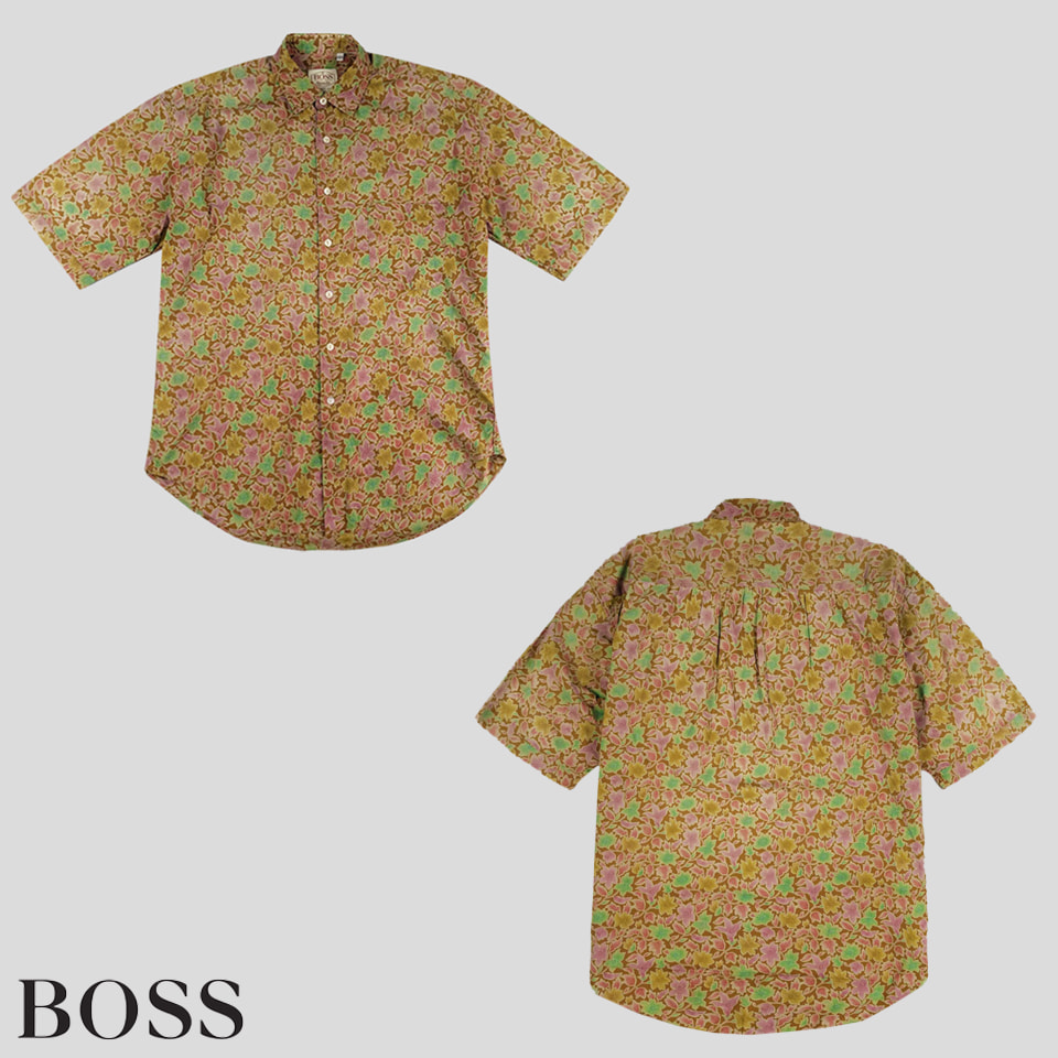 BOSS 휴고보스 브라운 그린 퍼플 플로랄 오리엔탈 하와이안 반팔셔츠 하프셔츠 XL