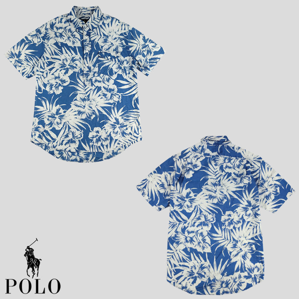 폴로랄프로렌 블루 화이트 하와이안 패턴 린넨100 하프버튼 반팔셔츠 하프셔츠 L