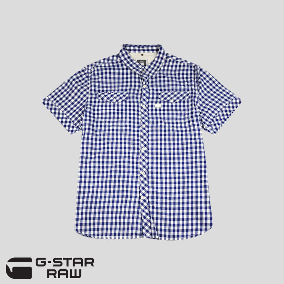 G-STAR RAW 지스타로우 블루 화이트 깅엄체크 로고패치 코튼 반팔셔츠 하프셔츠 XL