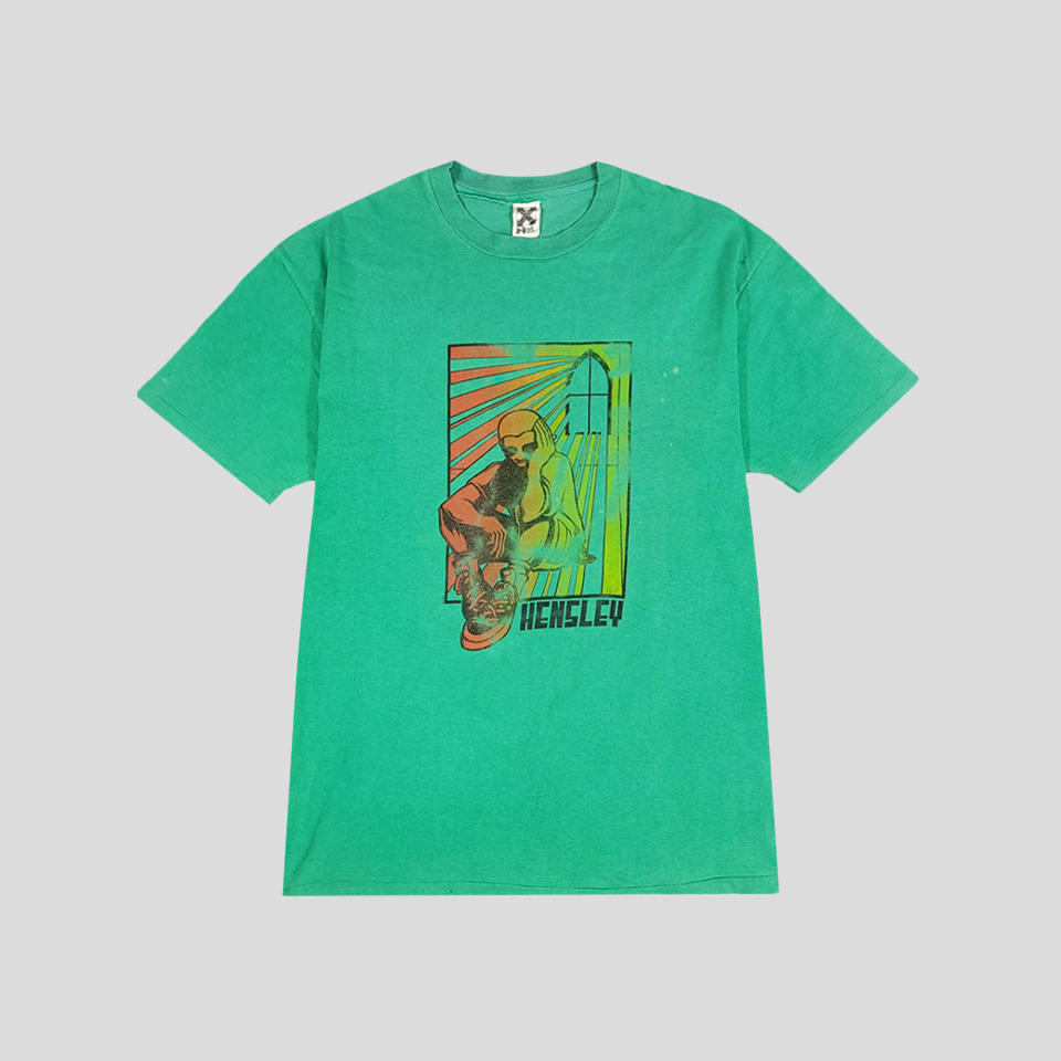 H STREET 80-90s 그린 HENSLEY 프린팅 스케이트보드 코튼 반팔 티셔츠 MADE IN USA XL