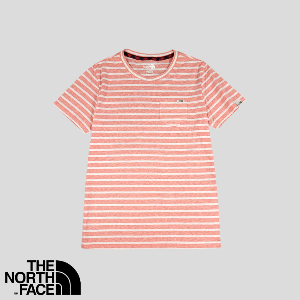 노스페이스 핑크 화이트 스트라이프 레귤러핏 코튼혼방 기능성 반팔 티셔츠 WOMANS M