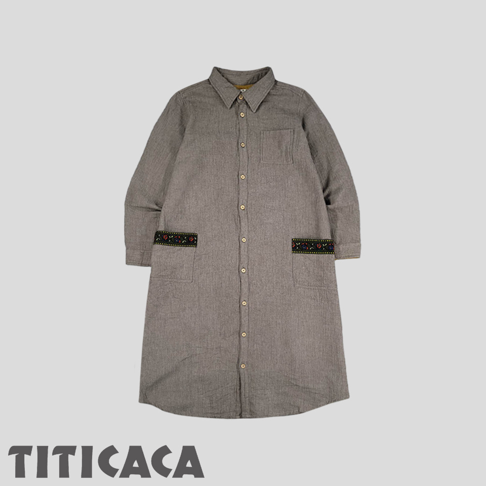 TITICACA 티티카카 스모크브라운 우드버튼 자가드 플로랄 라이닝 코튼 셔츠 원피스 WOMANS M