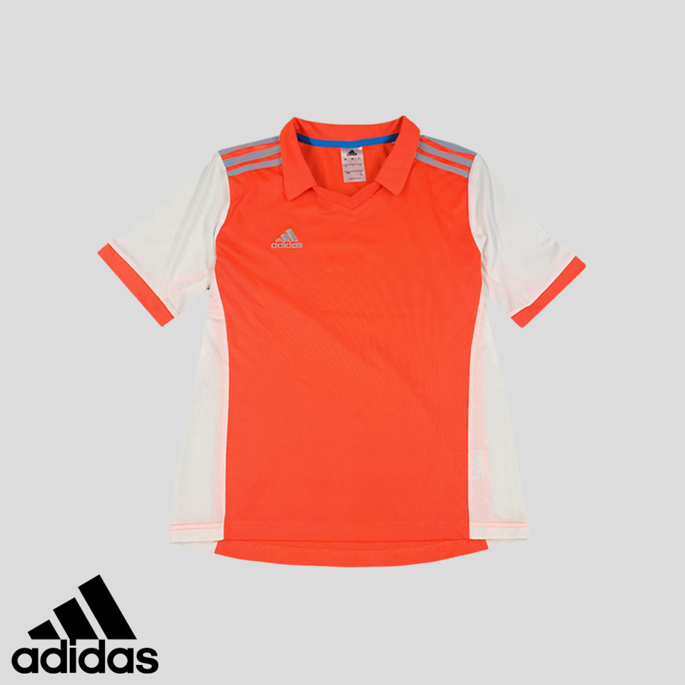 아디다스 JP 화이트 네온오렌지 삼선 카라넥 풋볼 클라이마라이트 폴리 기능성 반팔 티셔츠 XS-S