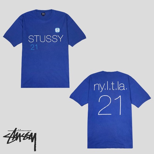 스투시 STUSSY 스모크블루 NY.L.T.LA 21 프린팅 반팔 티셔츠 MADE IN USA  SIZE L