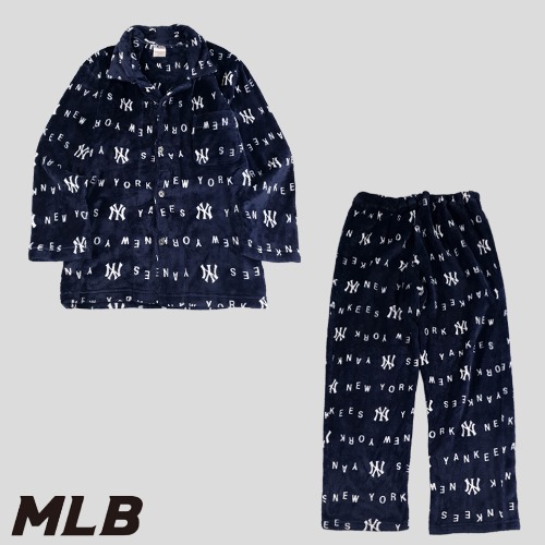 MLB 다크네이비 뉴욕양키즈 패턴 플리스 나이트웨어 잠옷 파자마 슬립웨어 셋업  SIZE L