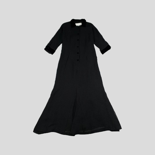 GRAZIA FAVA 블랙 레이스 세타 실크 카라넥 7부 드레스 플리츠 롱 원피스 MADE IN ITAIY  SIZE WOMANS S
