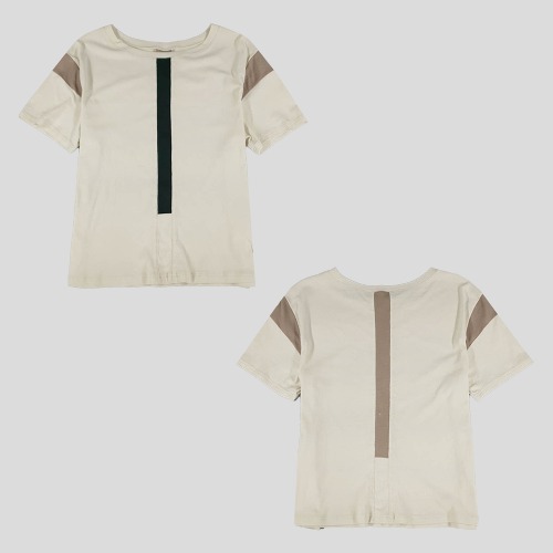 FRAUE+ 라이트 베이지 딥그린 피그먼트 브라운 배색 코튼 라운드넥 반팔 티셔츠  SIZE WOMANS M