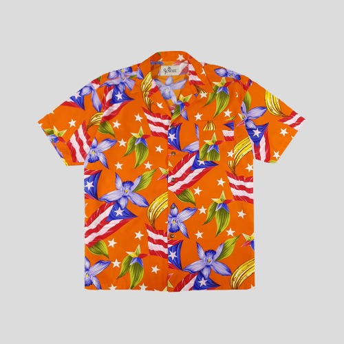 빈티지 오렌지 플라워패턴 포켓 하와이안 반팔셔츠 하프셔츠  SIZE XL