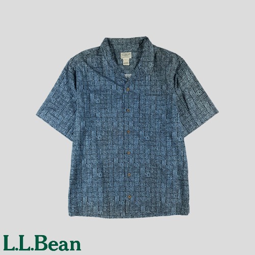 L.L.BEAN 엘엘빈 JP 블루 블랙 에스닉 고대문양패턴 체스트포켓 코튼 반팔셔츠 하프셔츠  SIZE L