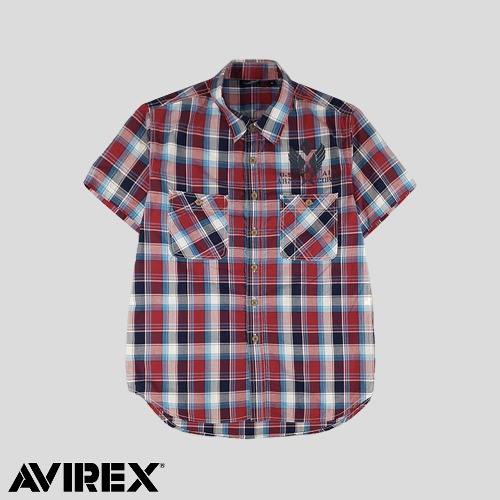 AVIREX 아비렉스 레드 블루 화이트 타탄체크 아메카지 밀리터리 코튼 반팔셔츠 하프셔츠  SIZE M