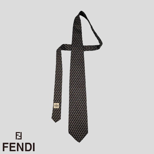 FENDI 펜디 브라운 블랙 정육면체 패턴 실크100 넥타이 MADE IN ITALY 9.5