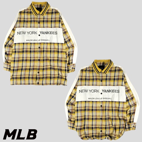 MLB 엠엘비 옐로우 화이트 타탄체크 사이드라인 뉴욕양키즈 코튼100 남방 셔츠 L