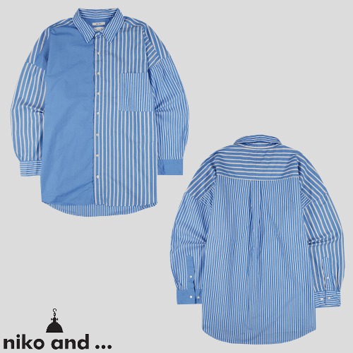 니코앤드 블루 화이트 믹스스트라이프 레귤러핏 체스트포켓 코튼100 가오리핏 남방 셔츠 M