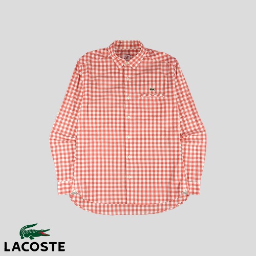 라코스테 핑크 화이트 깅엄체크 크록패치 체스트포켓 코튼혼방 남방 셔츠 M
