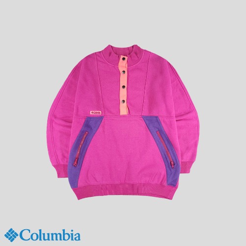 콜롬비아 핑크 퍼플배색 하프버튼 하이넥 오버핏 기모 스웻 맨투맨 티셔츠 WOMANS FREE