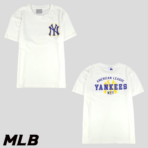 MLB 엠엘비 화이트 네이비 옐로우 로고프린팅 뉴욕양키즈 코튼혼방 반팔 티셔츠  M