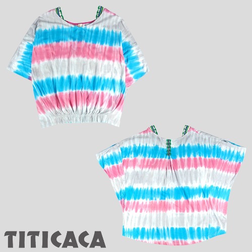 TITICACA 티티카카 핑크 블루 그레이 나염 타이다이 코튼100 브이넥 가오리핏 반팔 티셔츠 WOMANS FREE
