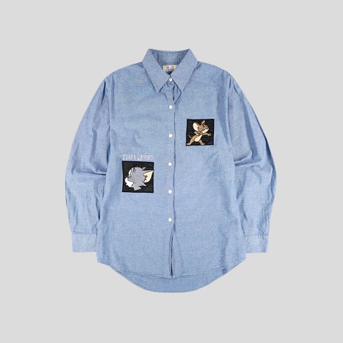 톰과제리 라이트블루 빅패치 백자수 코튼100 샴브레이 남방 셔츠 MADE IN JAPAN S