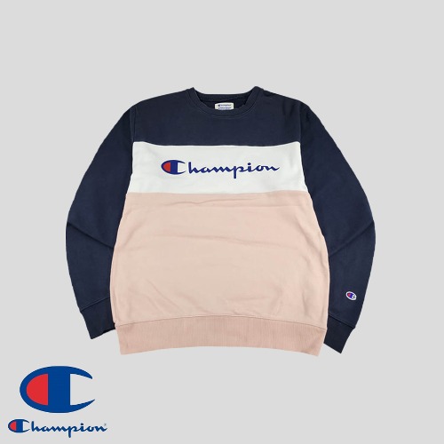 챔피온 JP 피그먼트 네이비 화이트 핑크 코튼100 스웻 맨투맨 티셔츠 L