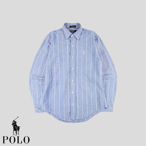 폴로랄프로렌 라이트 블루 화이트 핑크포니 스트라이프 코튼100 버튼다운 남방 셔츠 MADE IN USA S