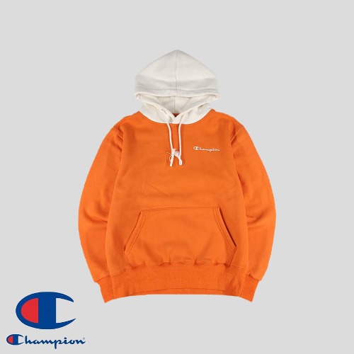 챔피온 오렌지 화이트 배색 기모 스웻 코튼100 후드 티셔츠 M