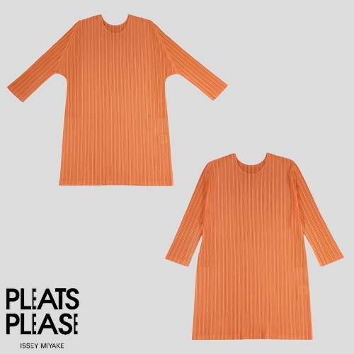 이세이미야케 플리츠플리즈 오렌지 플리츠 심플 폴리 5부 롱 반팔 티셔츠 MADE IN JAPAN WOMANS L