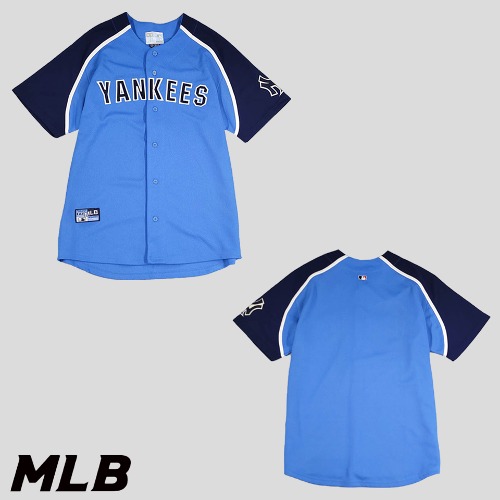WWS MLB 엠엘비 00s 블루 네이비 화이트 라이닝 뉴욕양키즈 스펠아웃 논마킹 레플리카 야구져지 반팔셔츠 하프셔츠 L