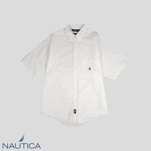 노티카 화이트 돛단배자수 체스트포켓 버튼다운 아메카지 시티보이 코튼100 반팔셔츠 하프셔츠 XL