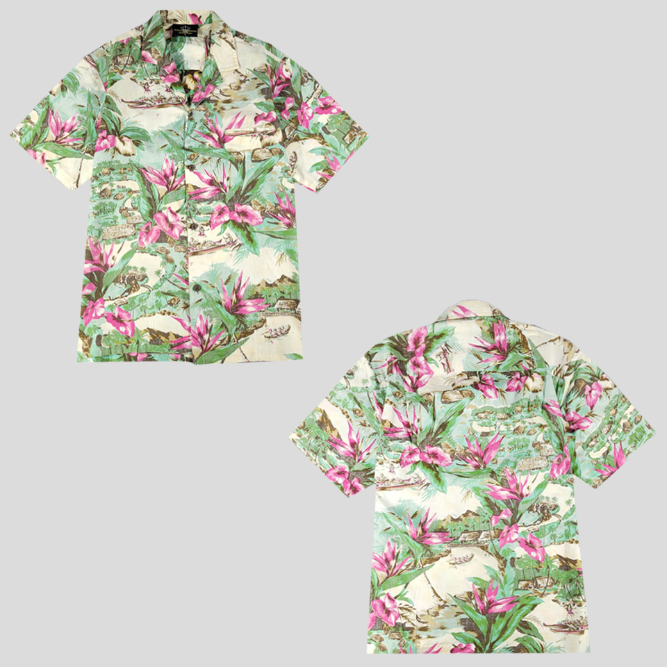 ROVAL CREATIONS 그린 핑크 플라워패턴 체스트포켓 코튼100 하와이안 반팔셔츠 하프셔츠 MADE IN HAWAII M