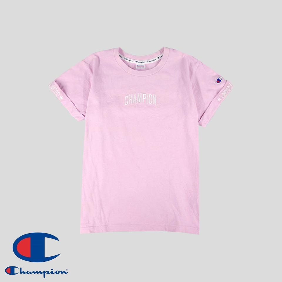 챔피온 걸스 핑크 로고자수 암패치 롤업 코튼100 반팔 티셔츠 WOMANS S