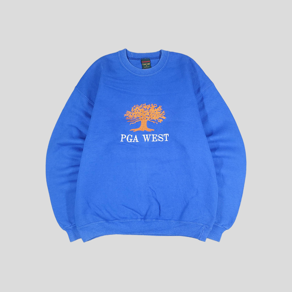 CROSS CREEK 피그먼트 블루 오렌지 나무 트리 자수 헤비코튼 혼방 스웻 기모 맨투맨 티셔츠 MADE IN USA L