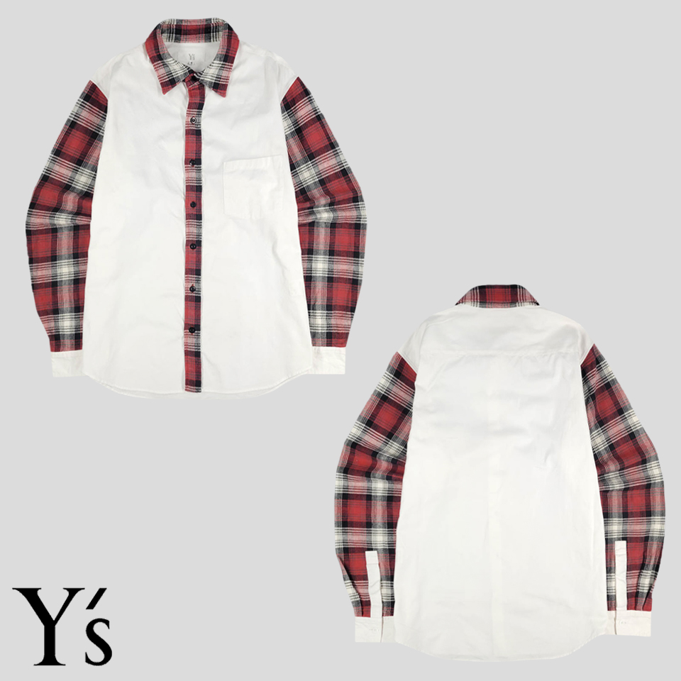 Y&#039;s 요지야마모토 화이트 레드 블랙 타탄체크 체스트포켓 코튼100 남방 셔츠 MADE IN JAPAN XL