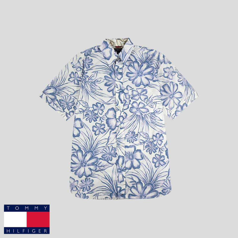 타미힐피거 블루 화이트 플로랄 체스트포켓 코튼 하와이안 반팔셔츠 하프셔츠 XL