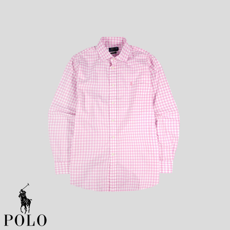 폴로랄프로렌 핑크 화이트 깅엄체크패턴 핑크포니 보이프렌드핏 컷어웨이 코튼100 남방 셔츠 L