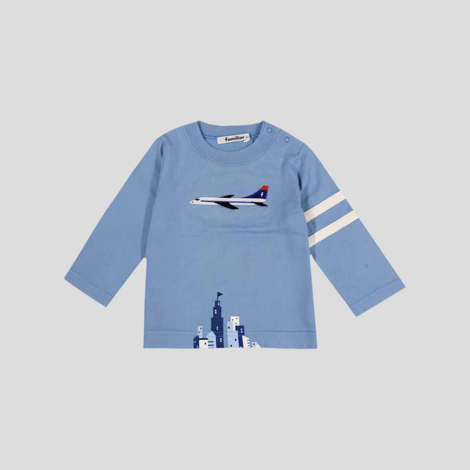 FAMILIAR 파밀리아 키즈 블루 비행기 펠트패치 숄더버튼 코튼100 긴팔 티셔츠 롱슬리브 KIDS 80