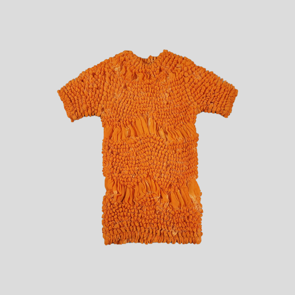 빈티지 오렌지 플리츠 팝콘 Y2K 라운드넥 반팔 티셔츠 WOMANS S