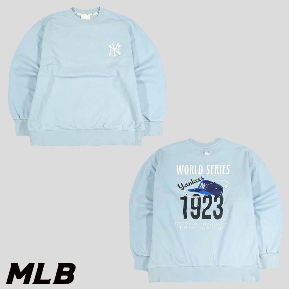 MLB 엠엘비 스카이블루 뉴욕양키즈 월드시리즈 오버핏 빅프린팅 코튼 폴리 맨투맨 티셔츠 S