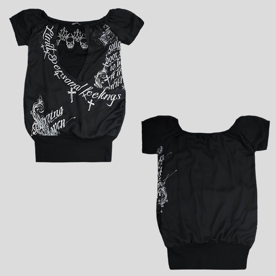 GHOST OF HARLEM 블랙 펑크 락시크 고스 스컬 레이스 오프숄더 폴리 레이온 반팔 티셔츠 WOMANS FREE