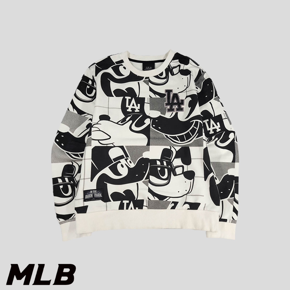 MLB 엠엘비 크림 화이트 블랙 캐릭터 프린팅 키치 코튼 혼방 스웻 기모 맨투맨 티셔츠 L