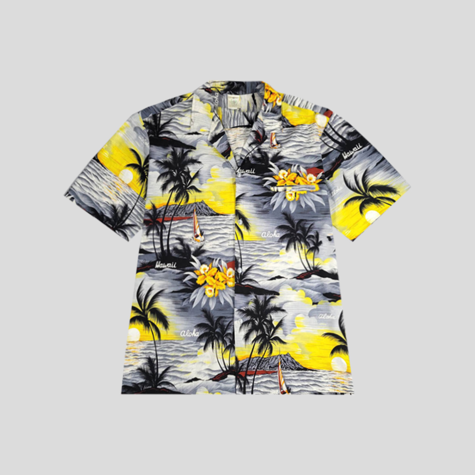 CREATIONS HAWAII 그레이톤 파도 야자수 보트 일몰 풍경 알로하 하와이안 반팔셔츠 하프셔츠 MADE IN HAWAII XL