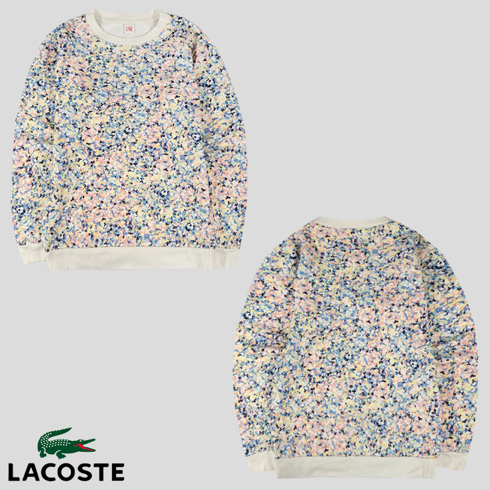 라코스테 라이브 파스텔톤 플라워 수채화 패턴 화이트 크록패치 코튼100 스웻 기모 맨투맨 티셔츠 WOMANS M