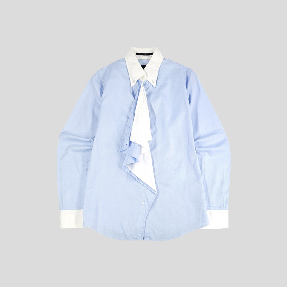 A ATO O 스카이 블루 소라 상아색 화이트 배색 플레어 비즈니스 코튼100 버튼다운 블라우스 남방 셔츠 MADE IN JAPAN WOMANS L