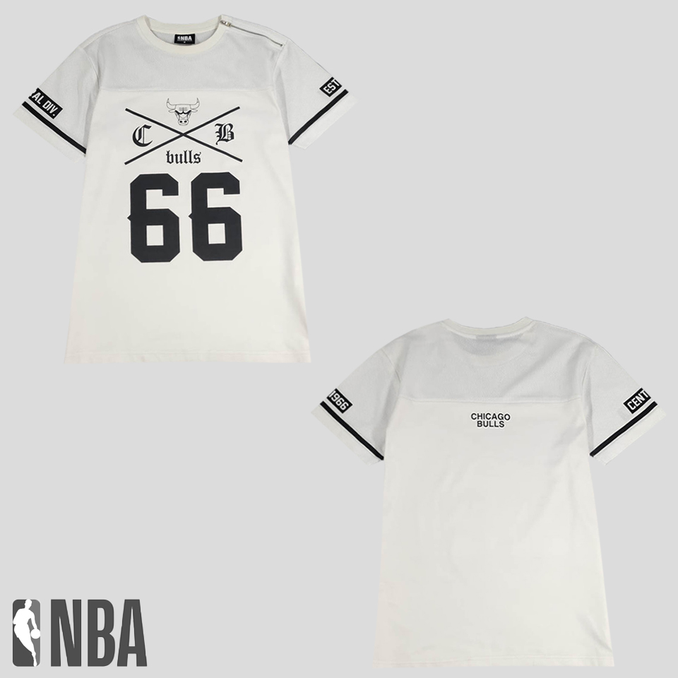 NBA 엔비에이 화이트 시카고불스 프린팅 숄더 지퍼 메쉬혼방 폴리 반팔 티셔츠 M