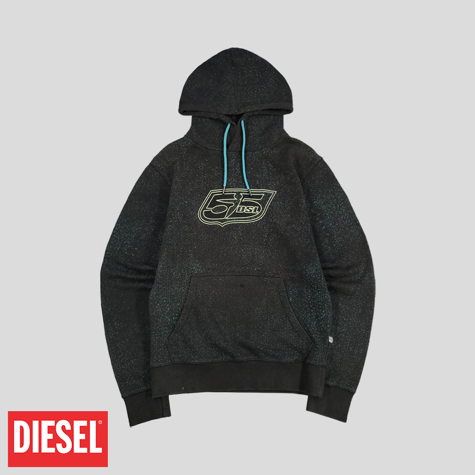 DIESEL 디젤 55 다크그레이 블루 믹스 미드프린팅 Y2K 락시크 펑크 스웻 후드 티셔츠 M