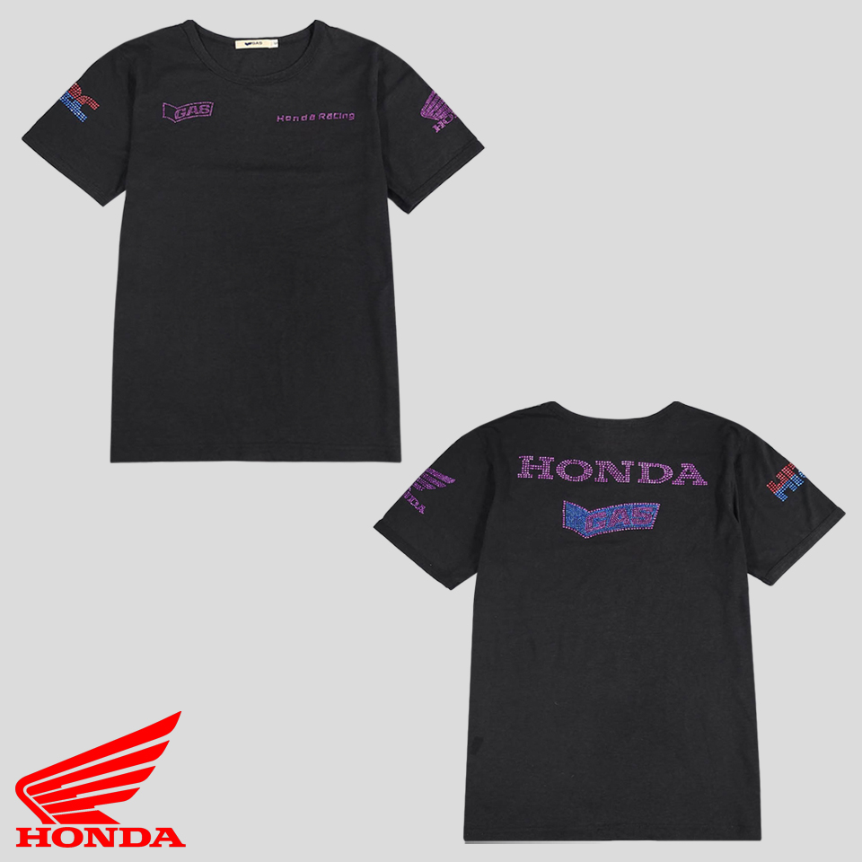 GAS X HONDA 블랙 퍼플 바이올렛 큐빅 비즈 디테일 Y2K 라운드넥 반팔 티셔츠 WOMANS L