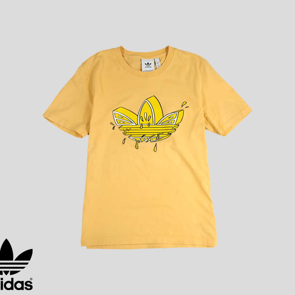 아디다스 오렌지 옐로우 레몬 트레포일 프린팅 코튼100 반팔 티셔츠 S-M
