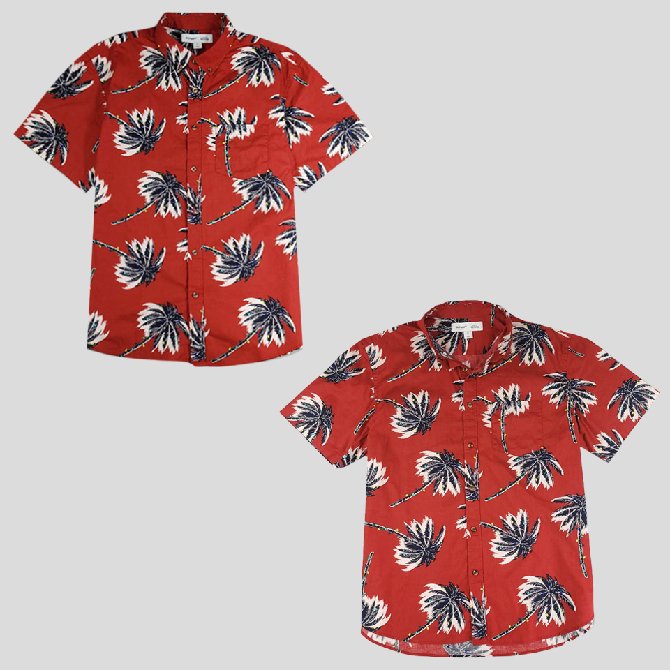 올드네이비 레드 야자수 패턴 하와이안 버튼다운 코튼 반팔셔츠 하프셔츠 XL