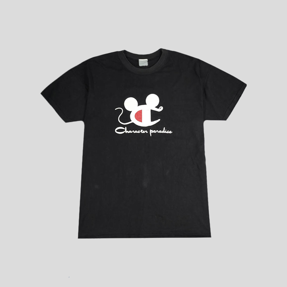캐릭터 파라다이스 피그먼트 블랙 마우스 쥐 로고프린팅 오마주 코튼 반팔 티셔츠 2XL